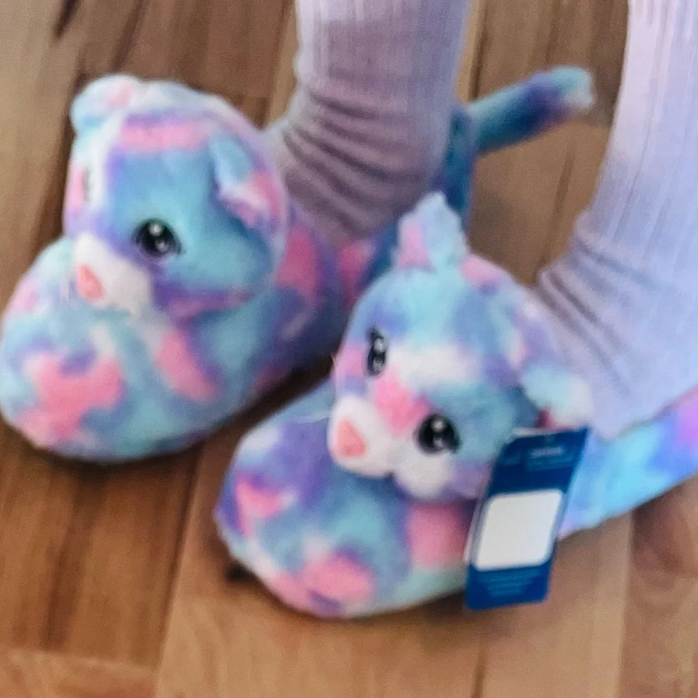 Build a Bear Pastel Swirl Kitty Slippers Plush Comfy House Shoes Girls Youth 5/6